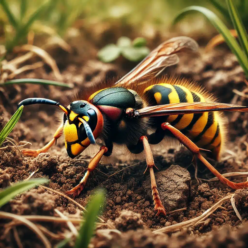 DALL·E 2024 10 08 00.33.31 A close up of a ground hornet, showing its distinctive black and yellow striped body. The hornet is on the ground, surrounded by grass and small patch